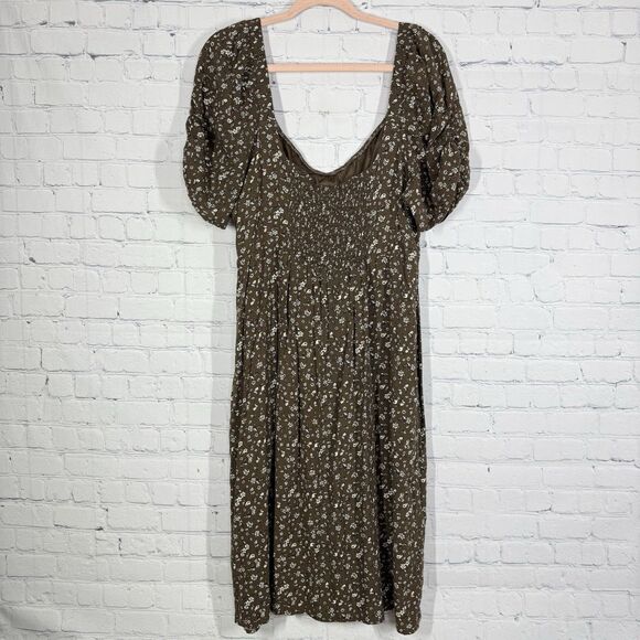 Cottage Milkmaid Midi Dress Women Plus 3X Brown Floral Puff Sleeve Prairie - Picture 2 of 14